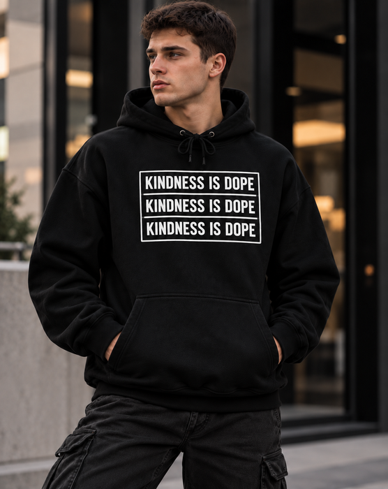 Kindness Is Dope Hoodie — Bold Repeated Typography Hooded Sweatshirt
